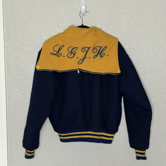 Vintage 80’s Varsity Jacket Wool Cape Collar Split Hood Band Blue Gold Size L - Picture 3 of 5